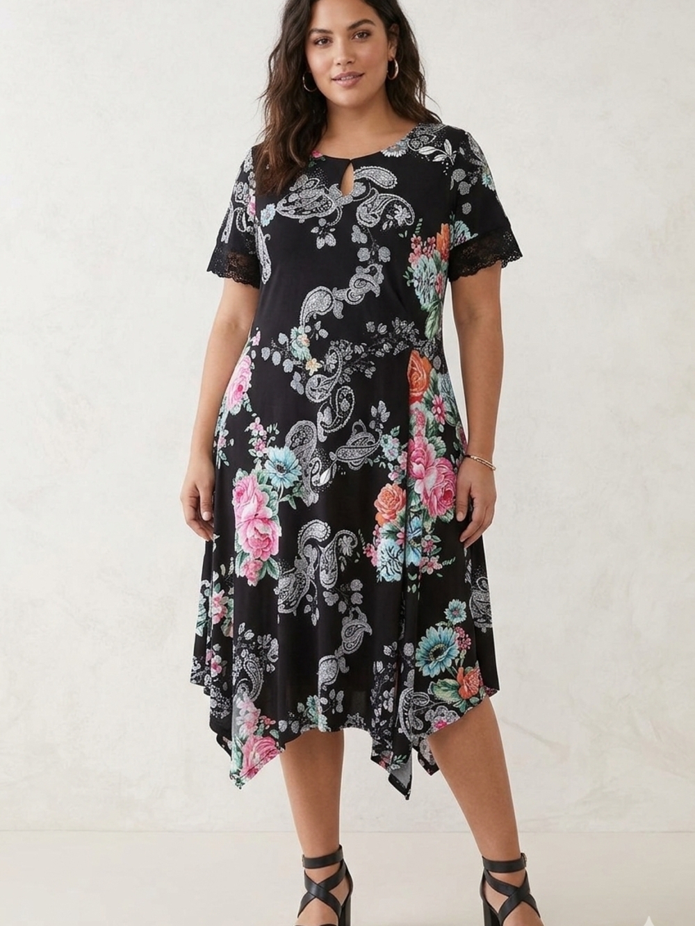 Rafaella Black Floral Asymmetrical A-Line Dress
